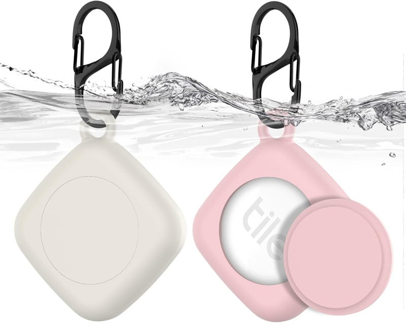 SGHLDE Silicone Case for Life360 Tile Tracker 2 Pack, for Tile Mate 2022 Full Body IPX8 Waterproof and Anti-Scratch Protective with Carabiner for Kids, Keys, Luggage, Cat/Dog Collar Tag (Off White+Pink) - Image 1